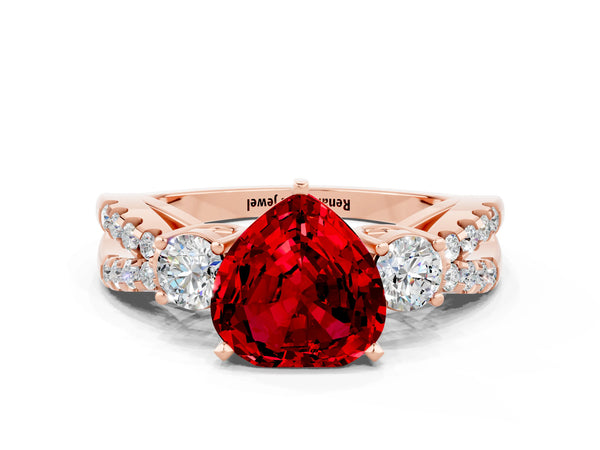 Rose gold Heart Cut Ruby Three-Stone Ring with Pavé Split Shank and Four-Prong Setting