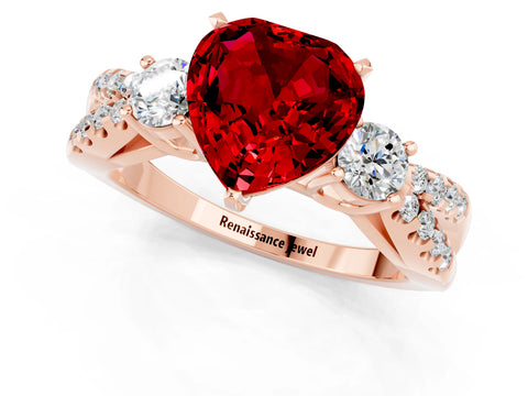 Rose gold Heart Cut Ruby Three-Stone Ring with Pavé Split Shank and Four-Prong Setting_1