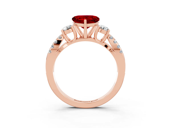 Rose gold Heart Cut Ruby Three-Stone Ring with Pavé Split Shank and Four-Prong Setting