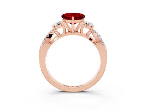Rose gold Heart Cut Ruby Three-Stone Ring with Pavé Split Shank and Four-Prong Setting_3
