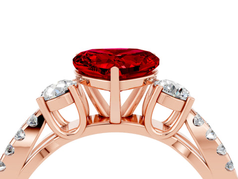 Rose gold Heart Cut Ruby Three-Stone Ring with Pavé Split Shank and Four-Prong Setting_4