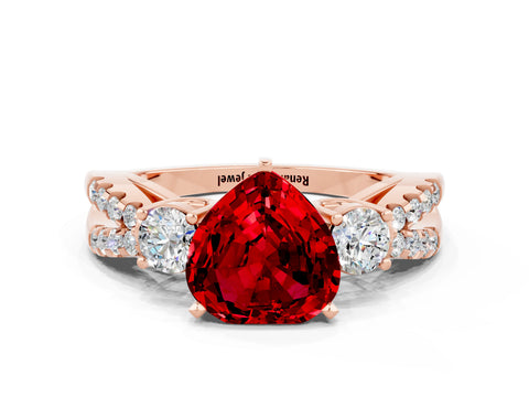 Rose gold Heart Cut Ruby Three-Stone Ring with Pavé Split Shank and Four-Prong Setting