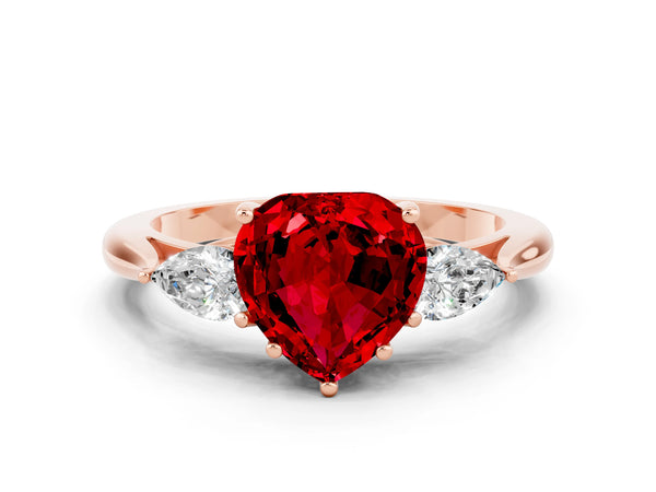 Rose gold Heart Cut Ruby Three-Stone Ring with Pear  Side Stones and Prong Setting