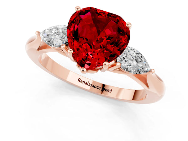 Rose gold Heart Cut Ruby Three-Stone Ring with Pear  Side Stones and Prong Setting