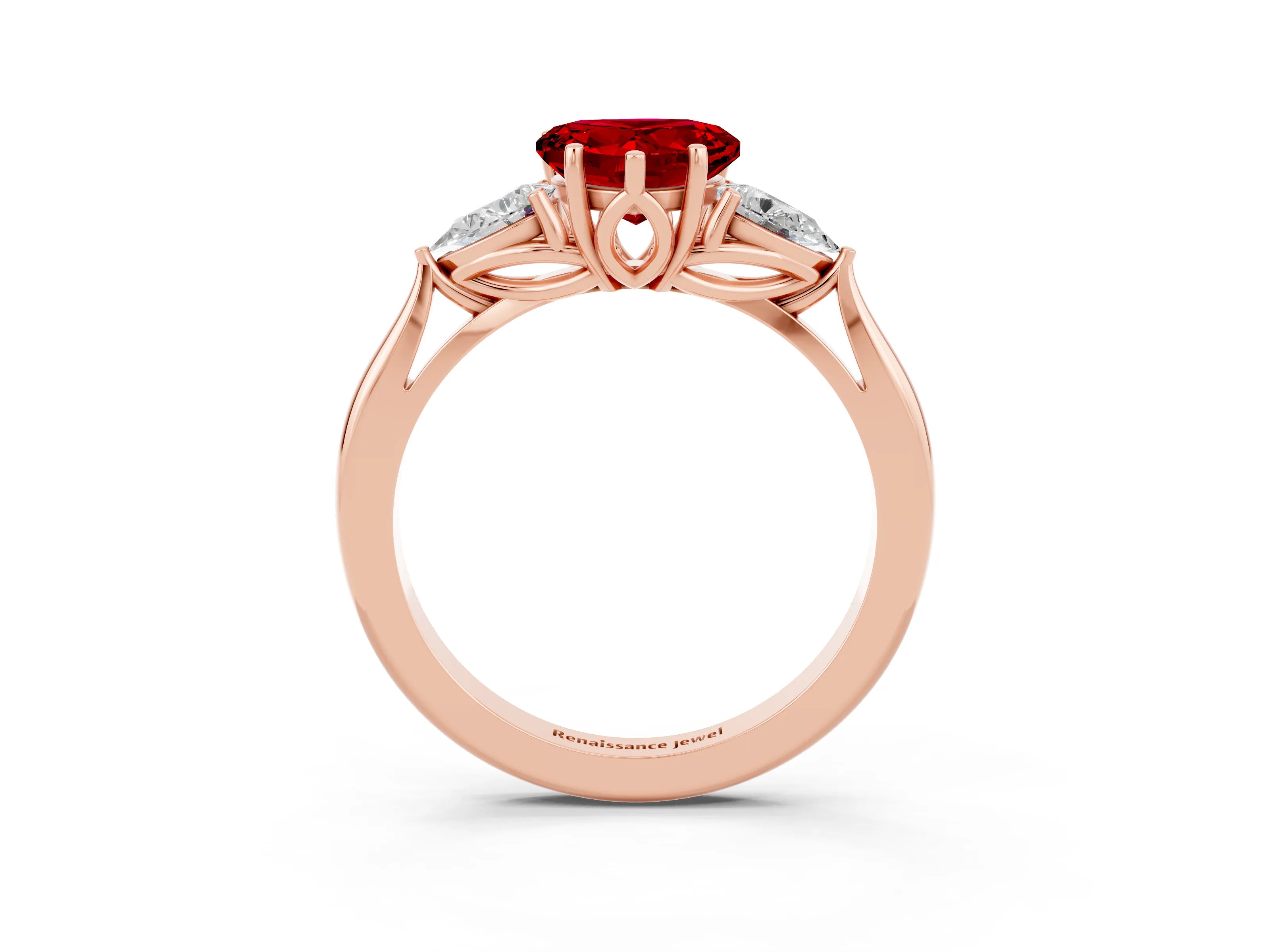 Rose gold Heart Cut Ruby Three-Stone Ring with Pear Side Stones and Four-Prong Setting_15