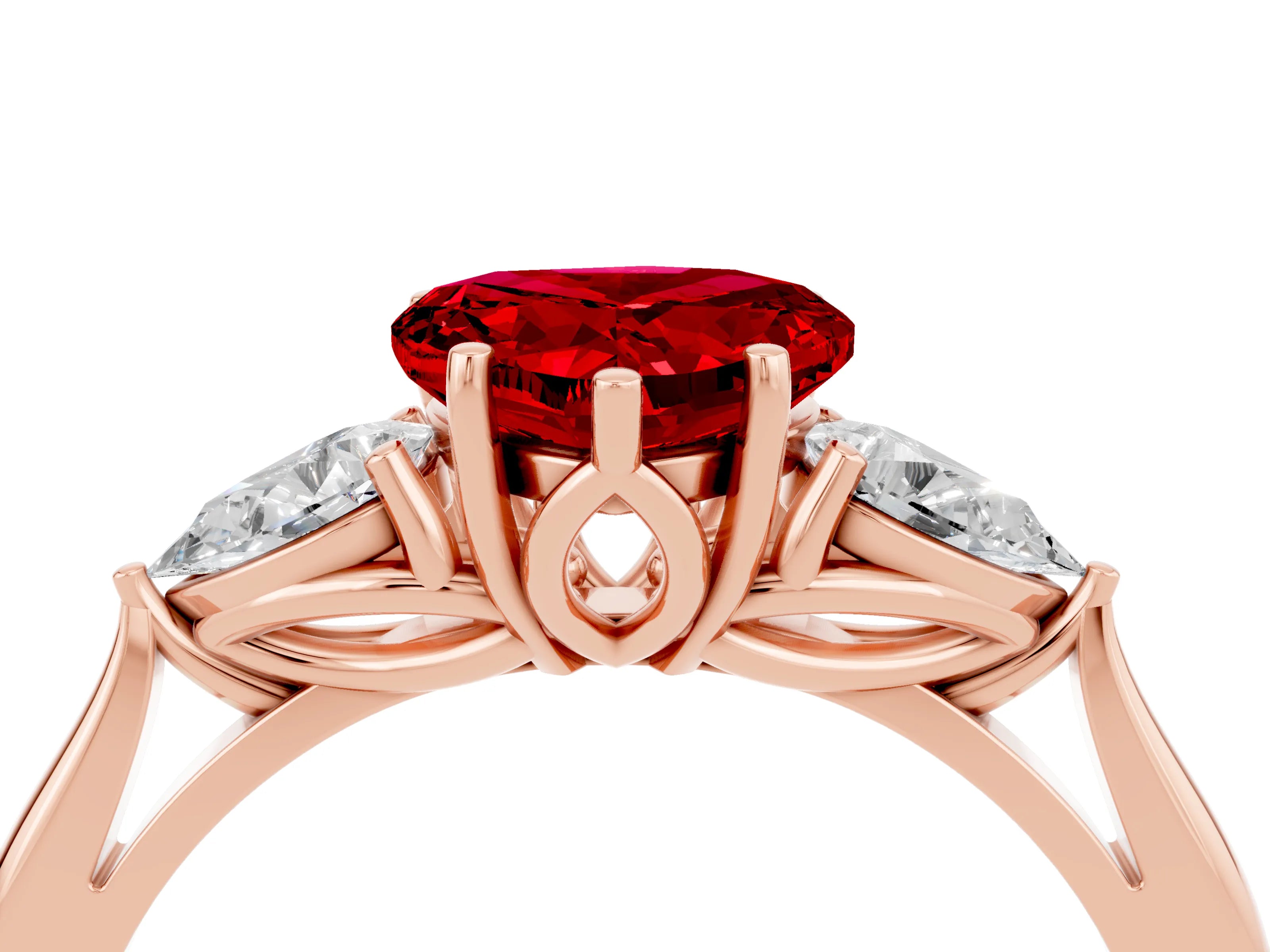 Rose gold Heart Cut Ruby Three-Stone Ring with Pear Side Stones and Four-Prong Setting_16
