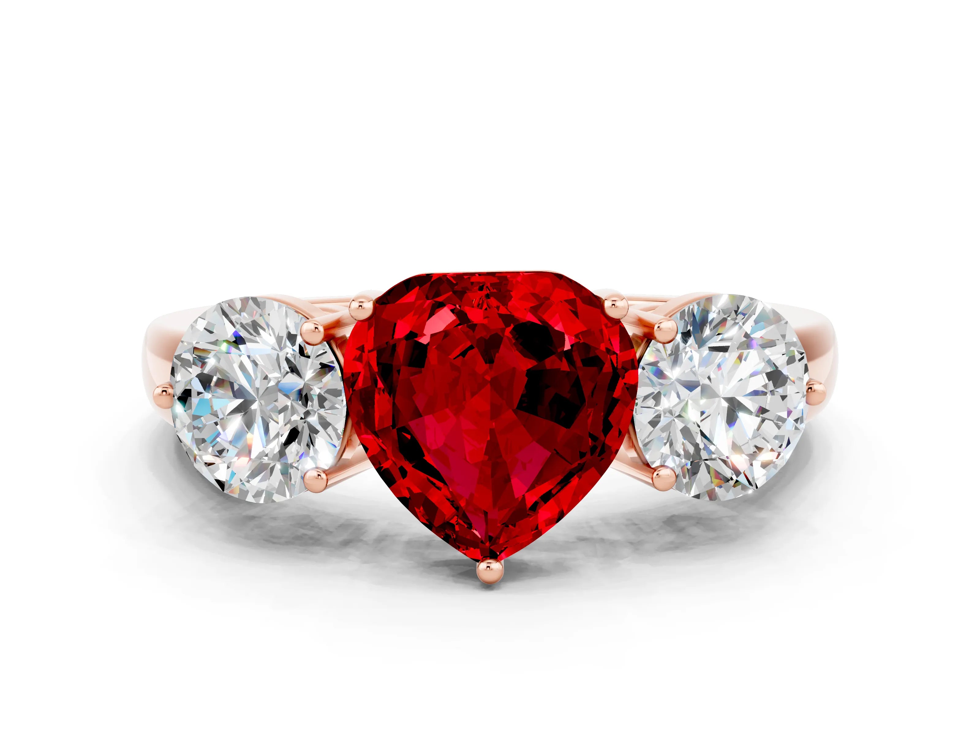 Rose gold Heart Cut Ruby Three-Stone Ring with Prong Setting and Classic Band