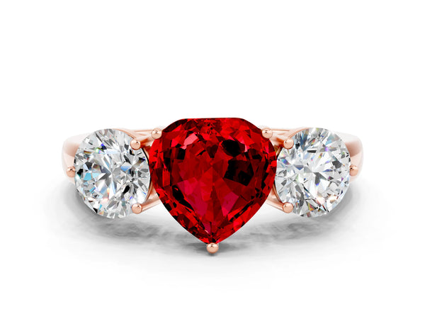 Rose gold Heart Cut Ruby Three-Stone Ring with Prong Setting and Classic Band