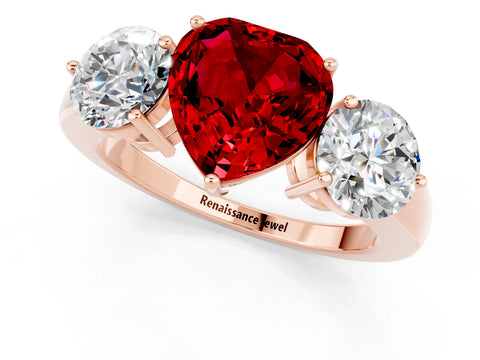 Rose gold Heart Cut Ruby Three-Stone Ring with Prong Setting and Classic Band_1