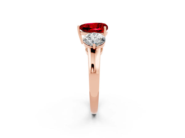 Rose gold Heart Cut Ruby Three-Stone Ring with Prong Setting and Classic Band