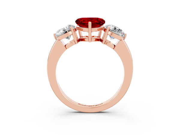 Rose gold Heart Cut Ruby Three-Stone Ring with Prong Setting and Classic Band