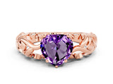 Rose gold Heart Cut Solitaire Amethyst Leaf-Inspired Vine Band Ring with Prong Setting