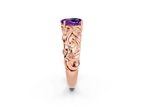 Rose gold Heart Cut Solitaire Amethyst Leaf-Inspired Vine Band Ring with Prong Setting_2