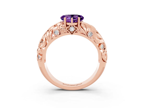 Rose gold Heart Cut Solitaire Amethyst Leaf-Inspired Vine Band Ring with Prong Setting