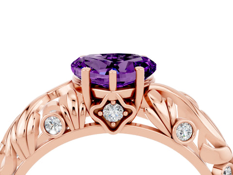 Rose gold Heart Cut Solitaire Amethyst Leaf-Inspired Vine Band Ring with Prong Setting_4