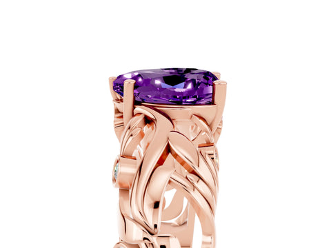Rose gold Heart Cut Solitaire Amethyst Leaf-Inspired Vine Band Ring with Prong Setting_5