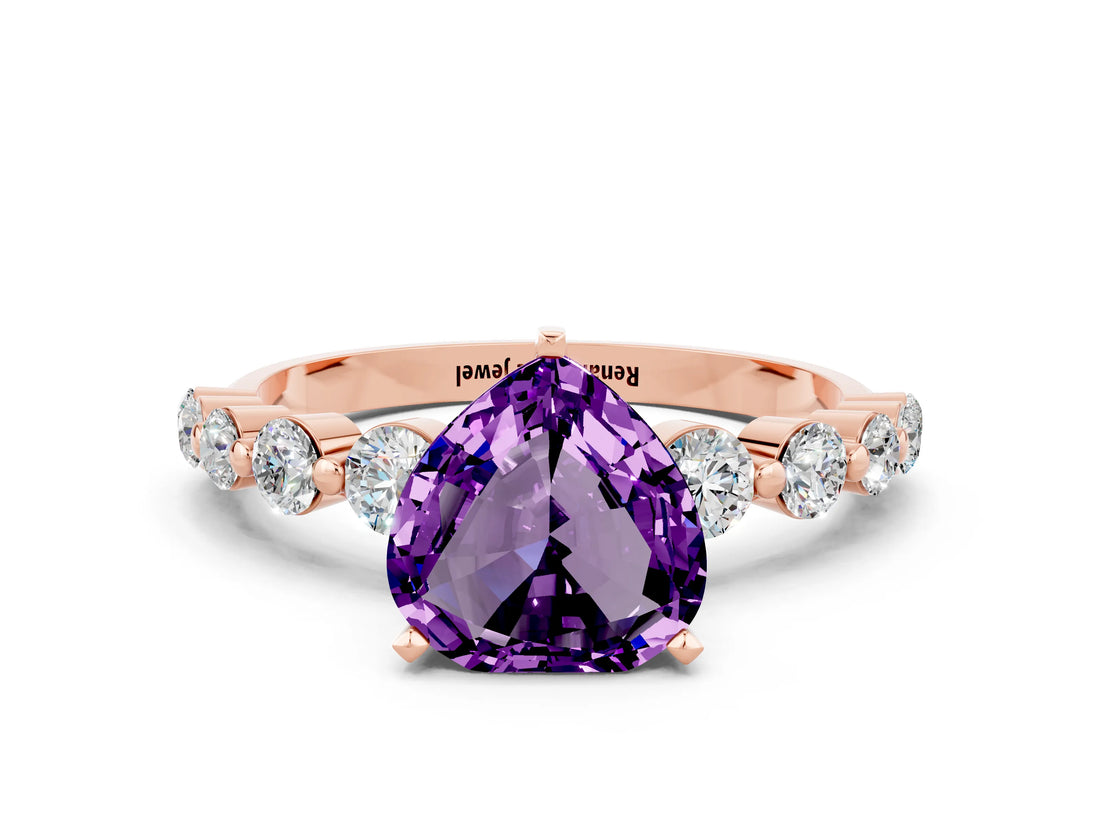 Rose gold Heart Cut Solitaire Amethyst Ring with Pave Band and Four-Prong Setting