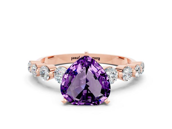 Rose gold Heart Cut Solitaire Amethyst Ring with Pave Band and Four-Prong Setting