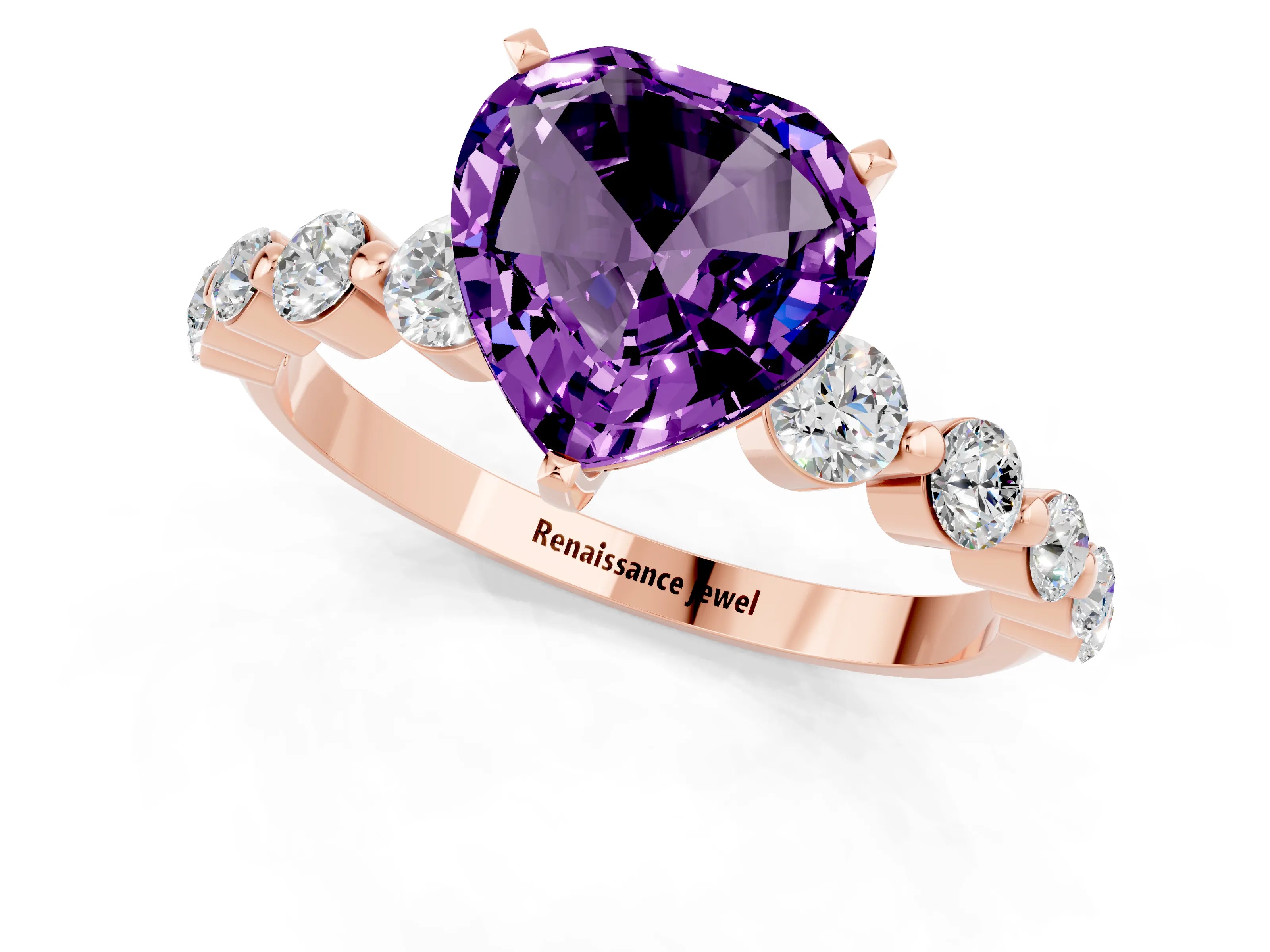 Rose gold Heart Cut Solitaire Amethyst Ring with Pave Band and Four-Prong Setting_1