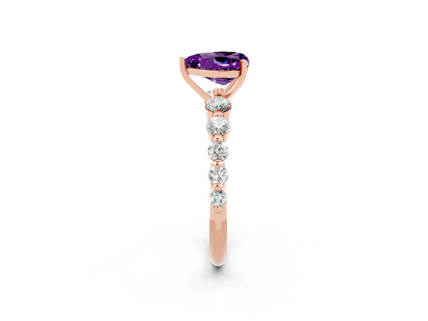 Rose gold Heart Cut Solitaire Amethyst Ring with Pave Band and Four-Prong Setting
