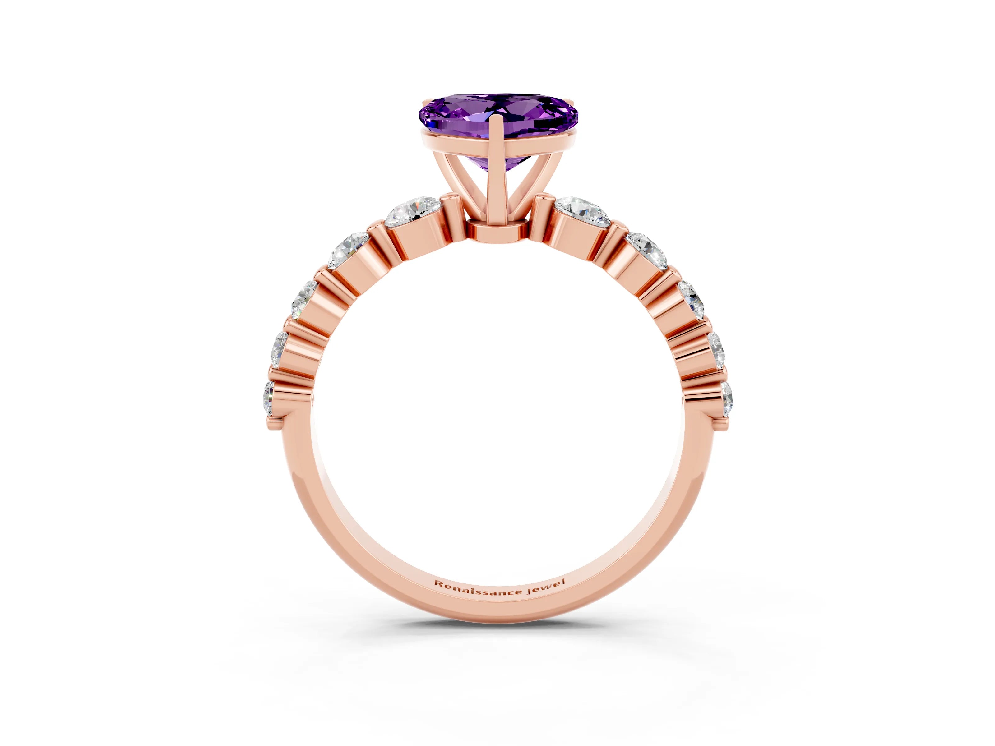 Rose gold Heart Cut Solitaire Amethyst Ring with Pave Band and Four-Prong Setting_3
