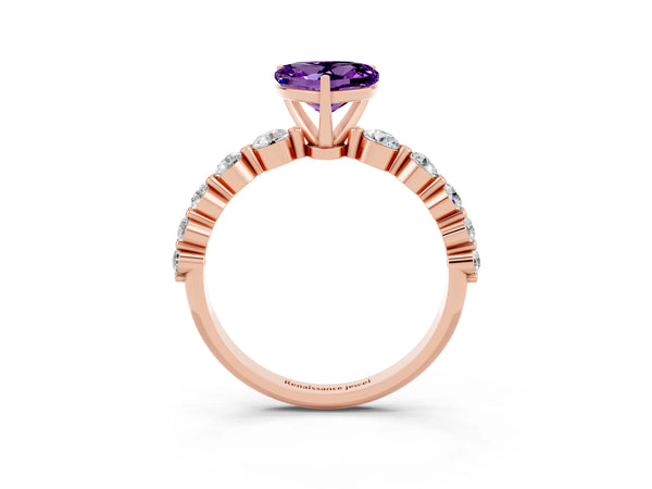 Rose gold Heart Cut Solitaire Amethyst Ring with Pave Band and Four-Prong Setting