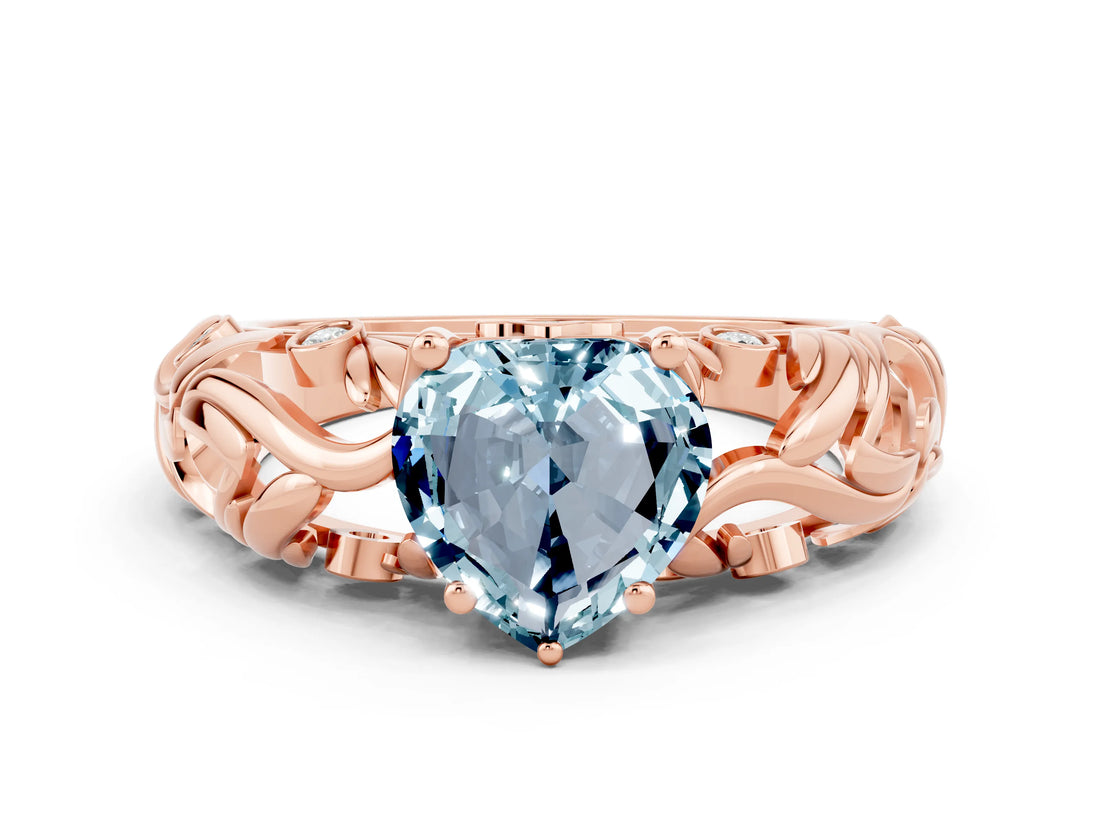 Rose gold Heart Cut Solitaire Aquamarine Leaf-Inspired Vine Band Ring with Prong Setting