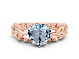 Rose gold Heart Cut Solitaire Aquamarine Leaf-Inspired Vine Band Ring with Prong Setting