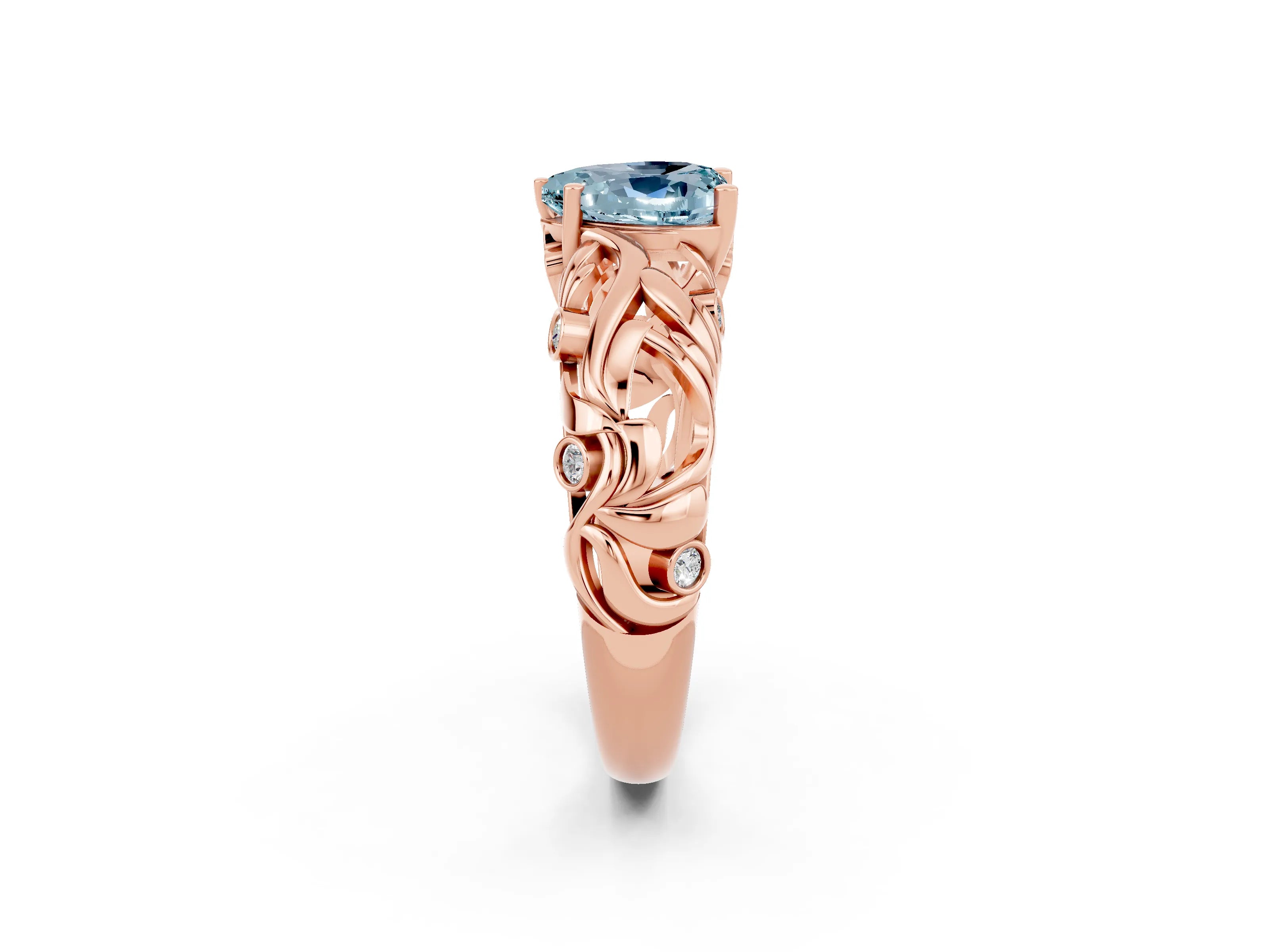 Rose gold Heart Cut Solitaire Aquamarine Leaf-Inspired Vine Band Ring with Prong Setting_2