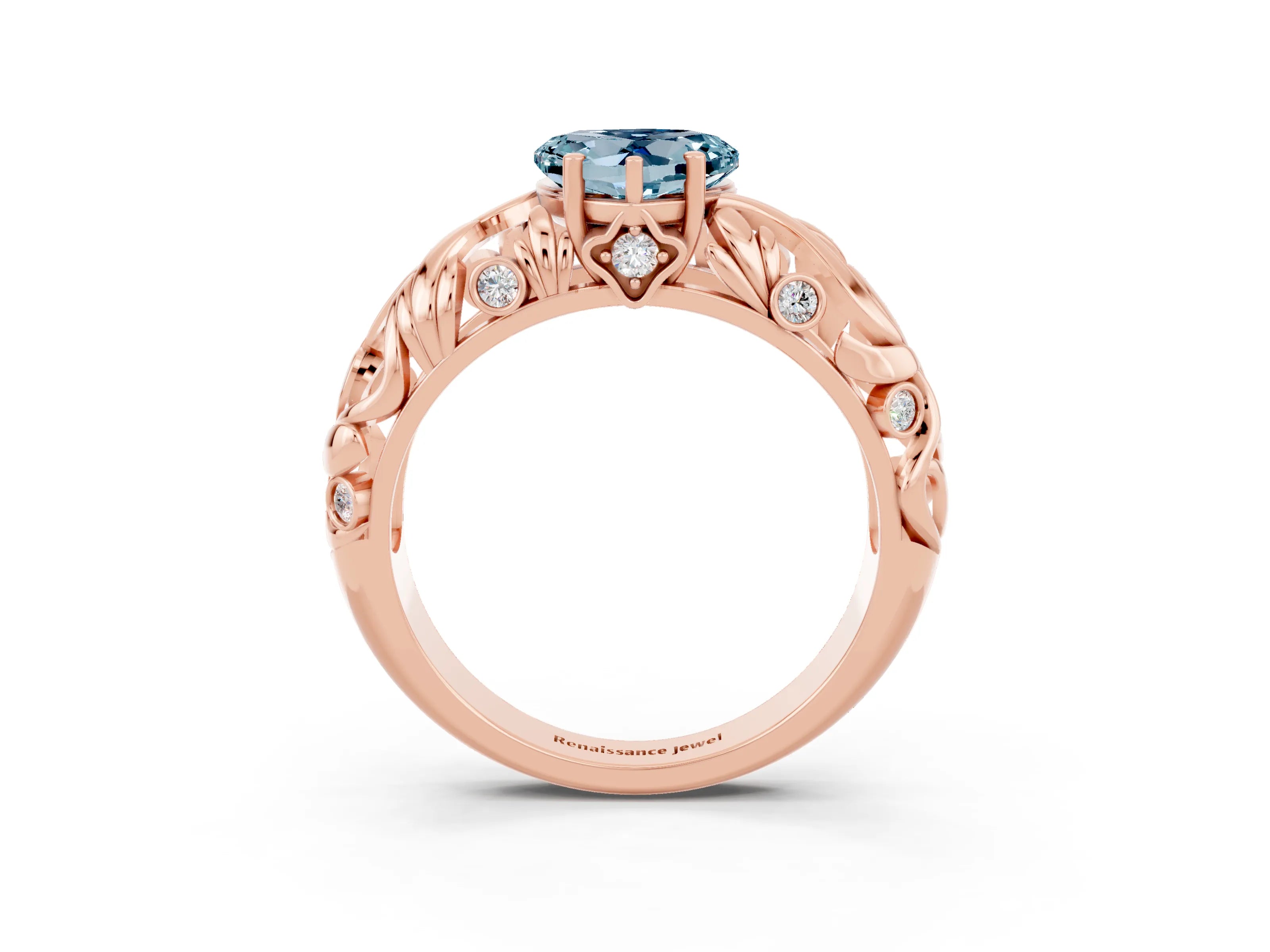 Rose gold Heart Cut Solitaire Aquamarine Leaf-Inspired Vine Band Ring with Prong Setting_3