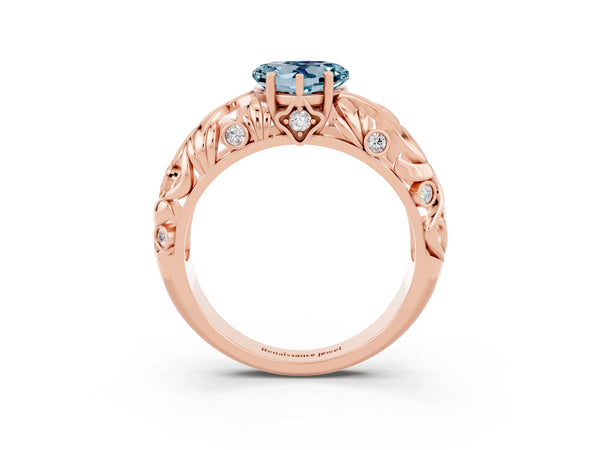 Rose gold Heart Cut Solitaire Aquamarine Leaf-Inspired Vine Band Ring with Prong Setting