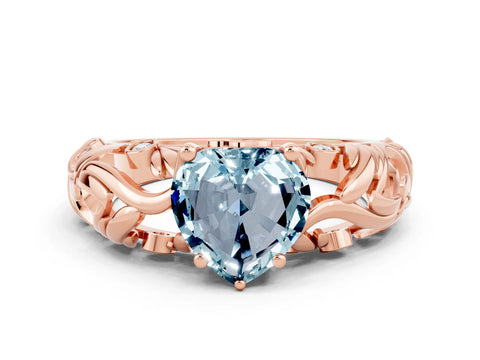Rose gold Heart Cut Solitaire Aquamarine Leaf-Inspired Vine Band Ring with Prong Setting