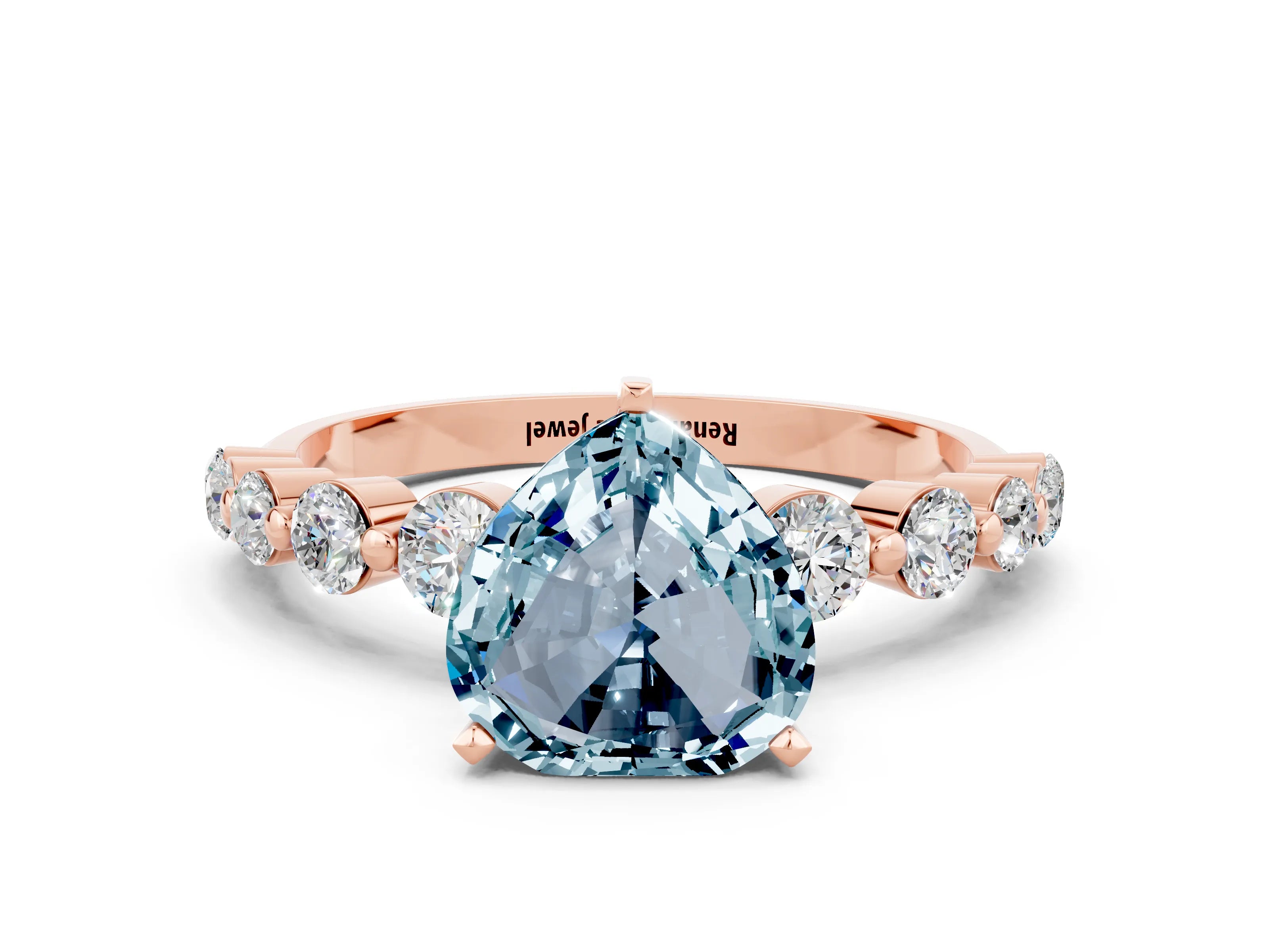 Rose gold Heart Cut Solitaire Aquamarine Ring with Pave Band and Four-Prong Setting
