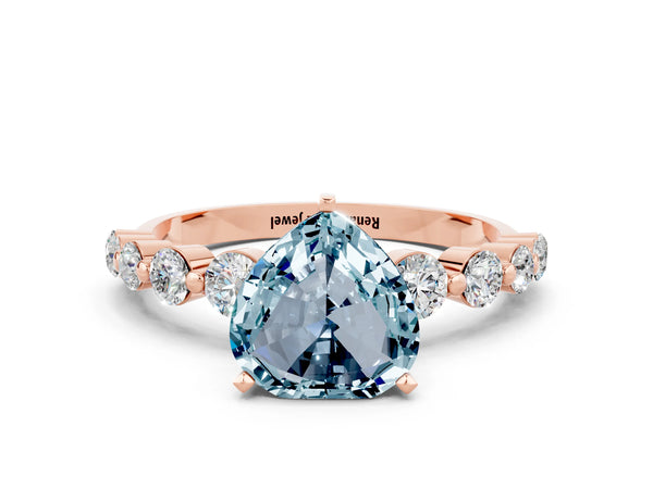 Rose gold Heart Cut Solitaire Aquamarine Ring with Pave Band and Four-Prong Setting