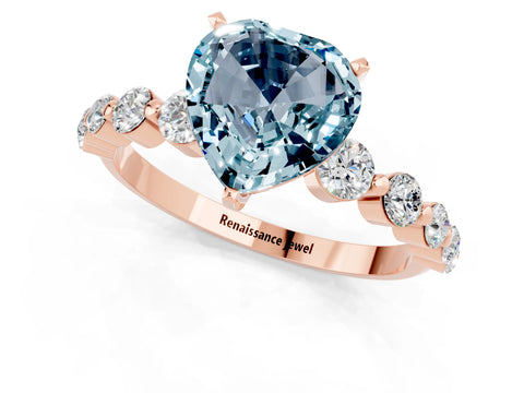 Rose gold Heart Cut Solitaire Aquamarine Ring with Pave Band and Four-Prong Setting_1