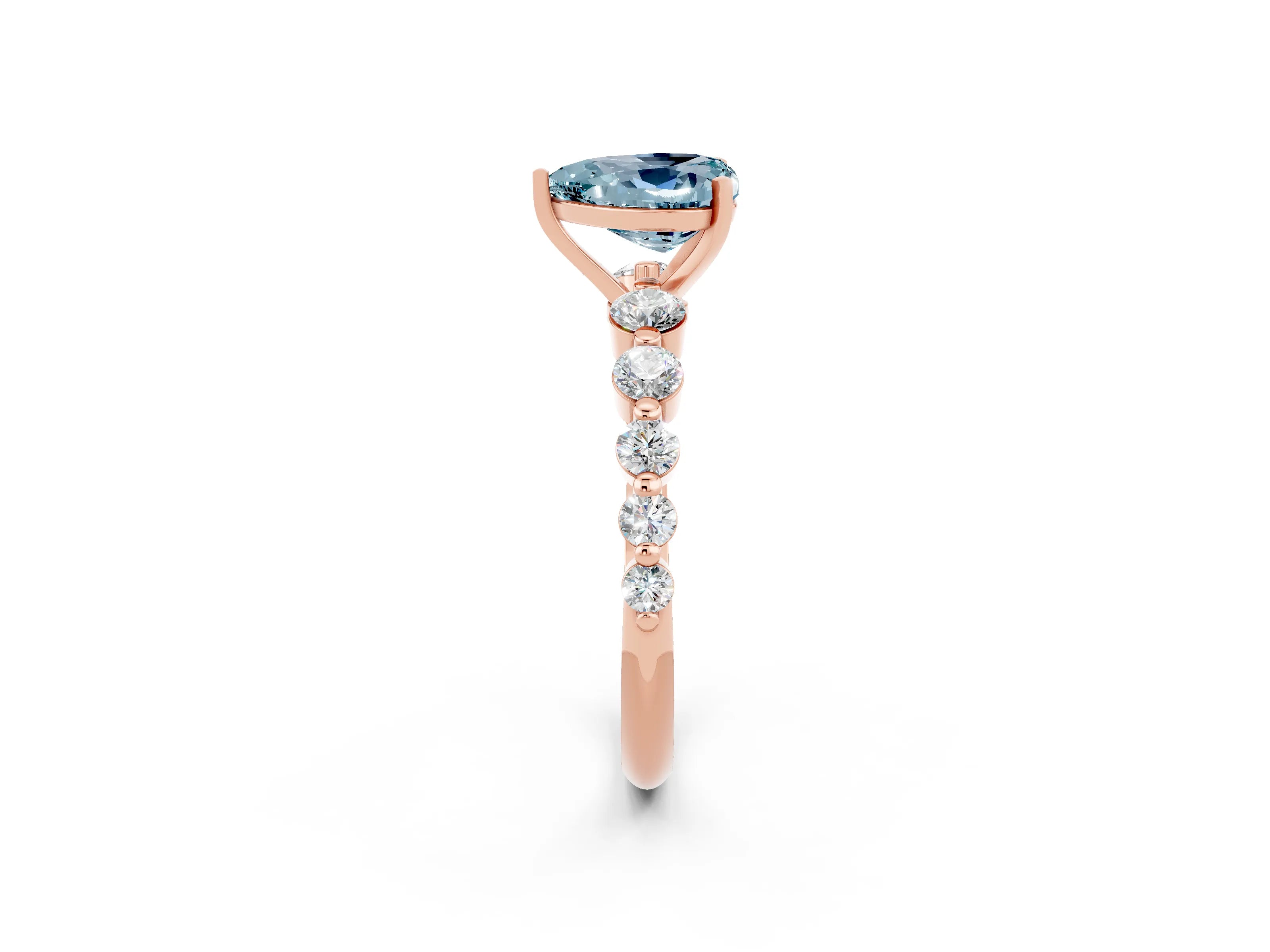 Rose gold Heart Cut Solitaire Aquamarine Ring with Pave Band and Four-Prong Setting_2