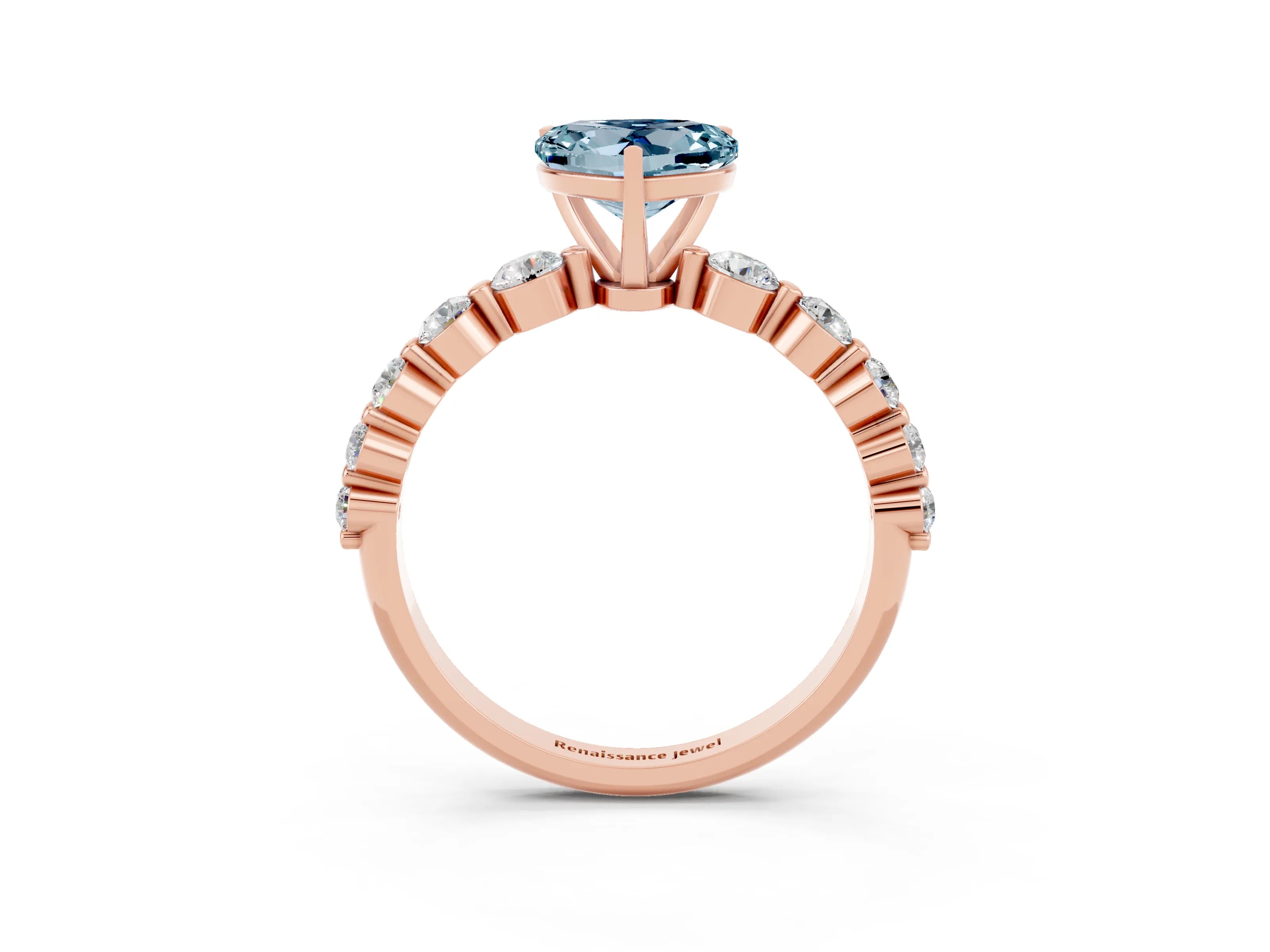 Rose gold Heart Cut Solitaire Aquamarine Ring with Pave Band and Four-Prong Setting_3