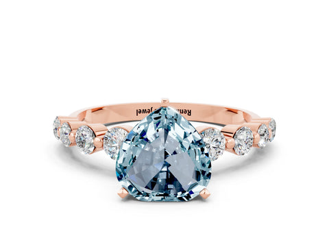 Rose gold Heart Cut Solitaire Aquamarine Ring with Pave Band and Four-Prong Setting