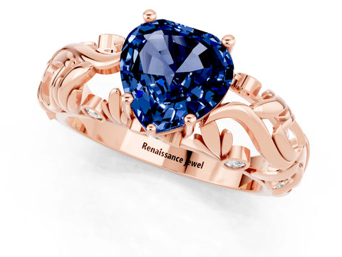 Rose gold Heart Cut Solitaire Blue Sapphire Leaf-Inspired Vine Band Ring with Prong Setting_1