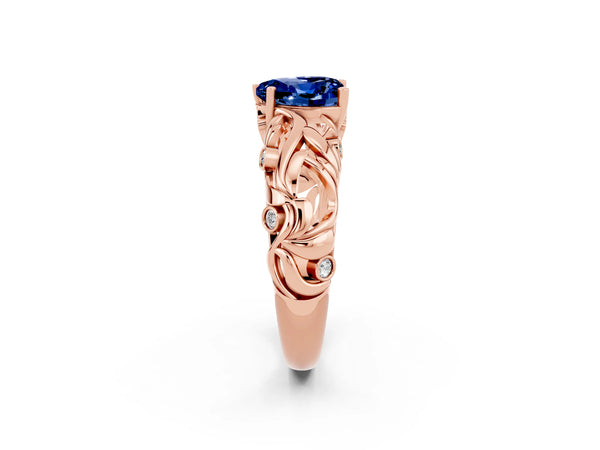 Rose gold Heart Cut Solitaire Blue Sapphire Leaf-Inspired Vine Band Ring with Prong Setting
