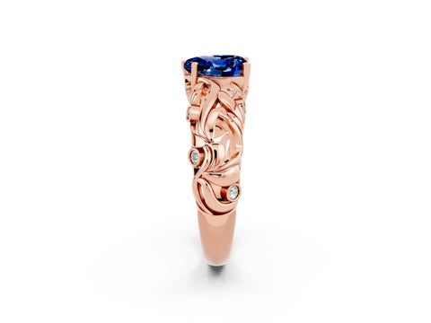 Rose gold Heart Cut Solitaire Blue Sapphire Leaf-Inspired Vine Band Ring with Prong Setting_2