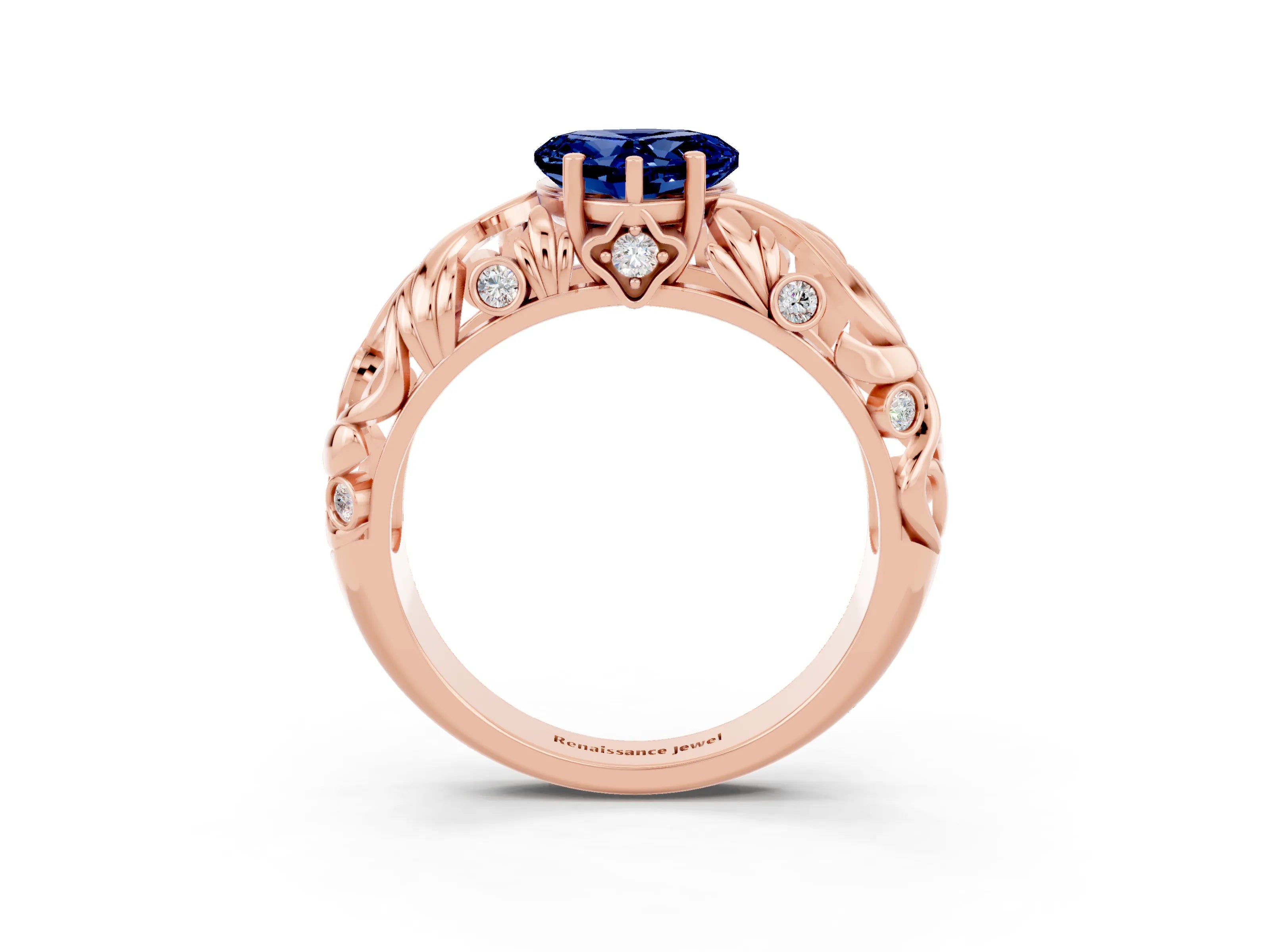 Rose gold Heart Cut Solitaire Blue Sapphire Leaf-Inspired Vine Band Ring with Prong Setting_3
