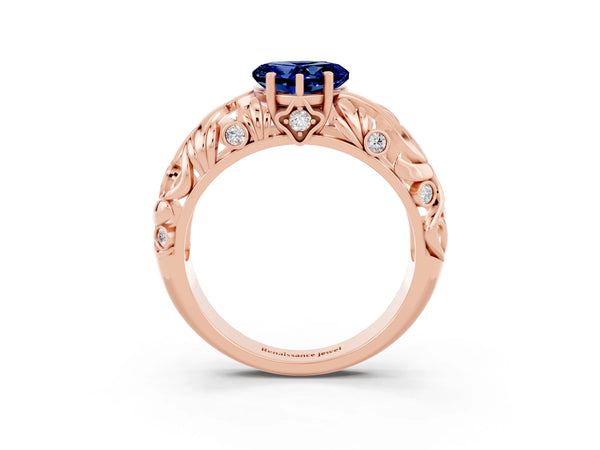 Rose gold Heart Cut Solitaire Blue Sapphire Leaf-Inspired Vine Band Ring with Prong Setting