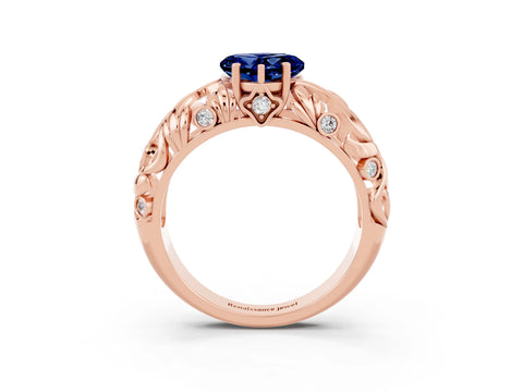 Rose gold Heart Cut Solitaire Blue Sapphire Leaf-Inspired Vine Band Ring with Prong Setting_3