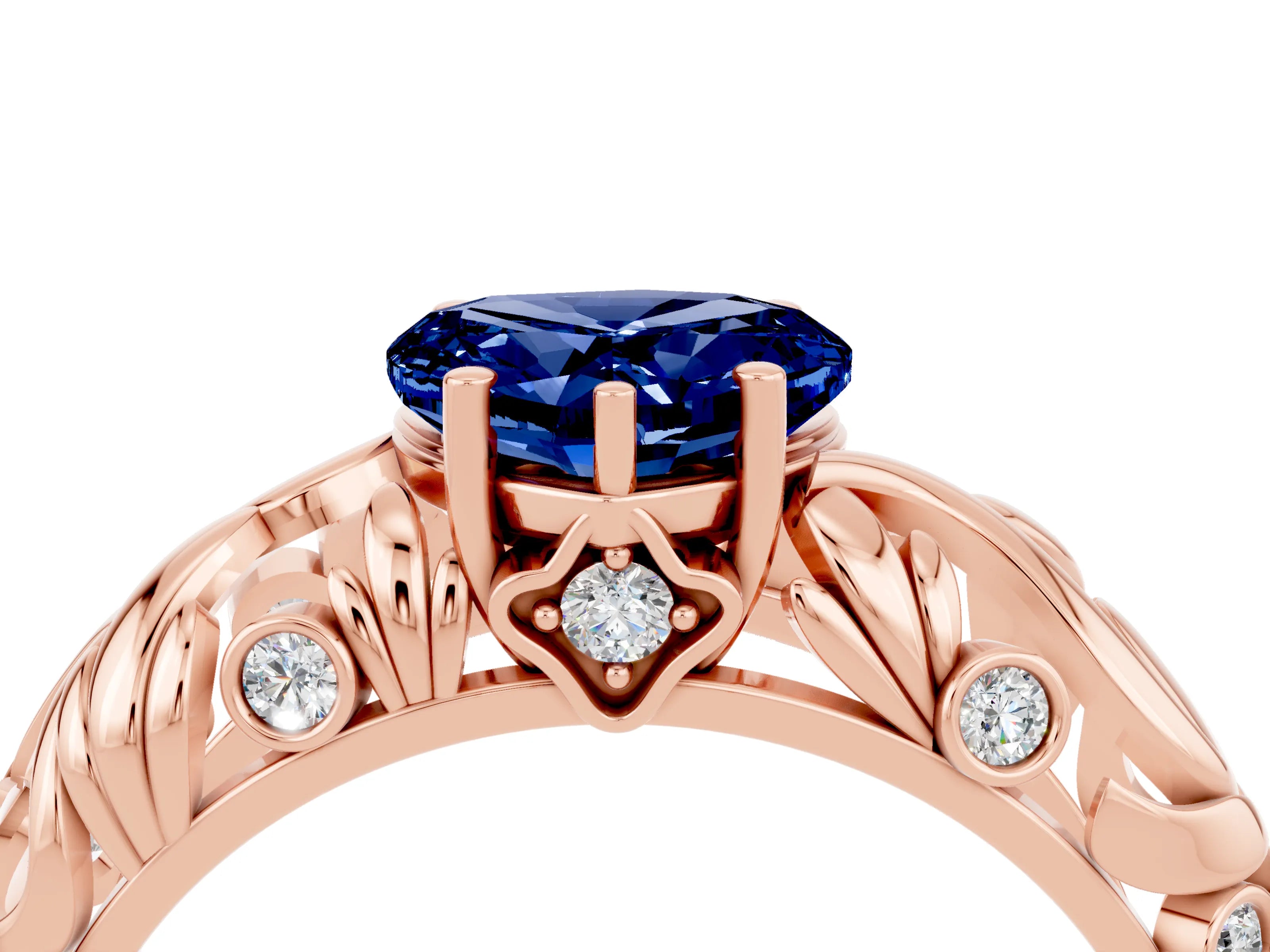 Rose gold Heart Cut Solitaire Blue Sapphire Leaf-Inspired Vine Band Ring with Prong Setting_4