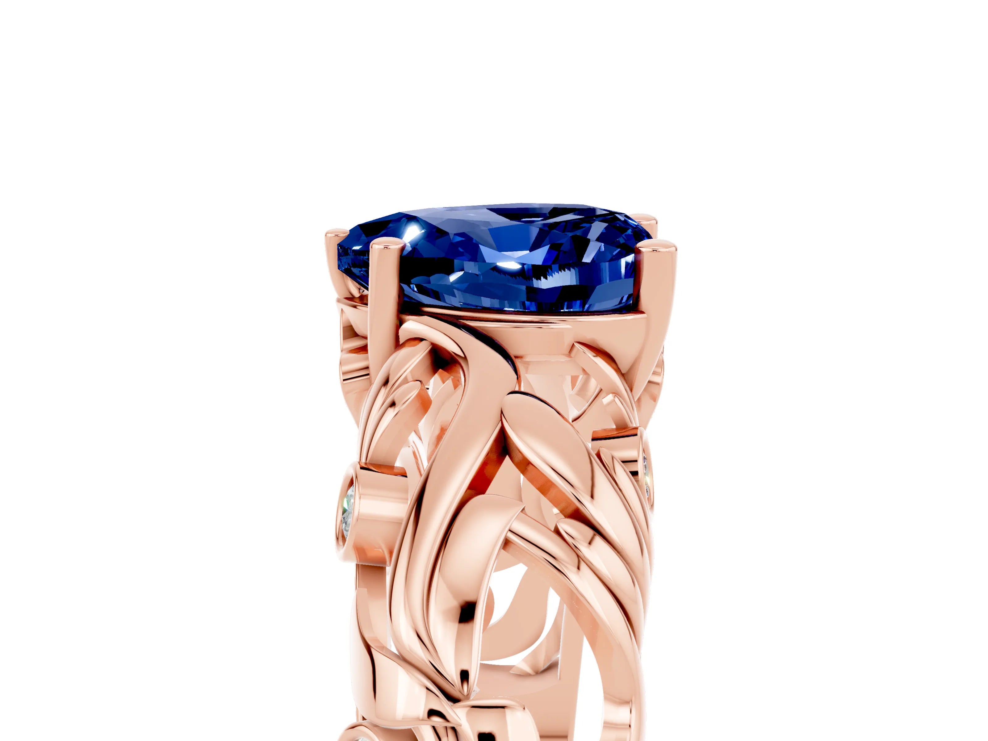 Rose gold Heart Cut Solitaire Blue Sapphire Leaf-Inspired Vine Band Ring with Prong Setting_5
