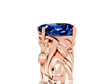 Rose gold Heart Cut Solitaire Blue Sapphire Leaf-Inspired Vine Band Ring with Prong Setting_5