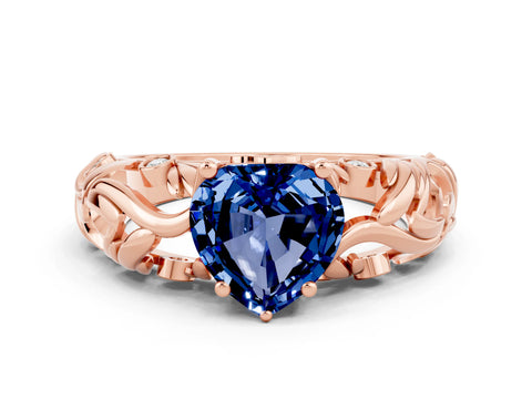 Rose gold Heart Cut Solitaire Blue Sapphire Leaf-Inspired Vine Band Ring with Prong Setting
