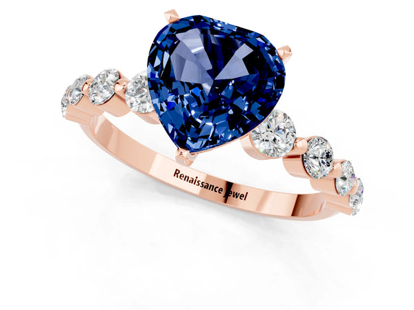 Rose gold Heart Cut Solitaire Blue Sapphire Ring with Pave Band and Four-Prong Setting