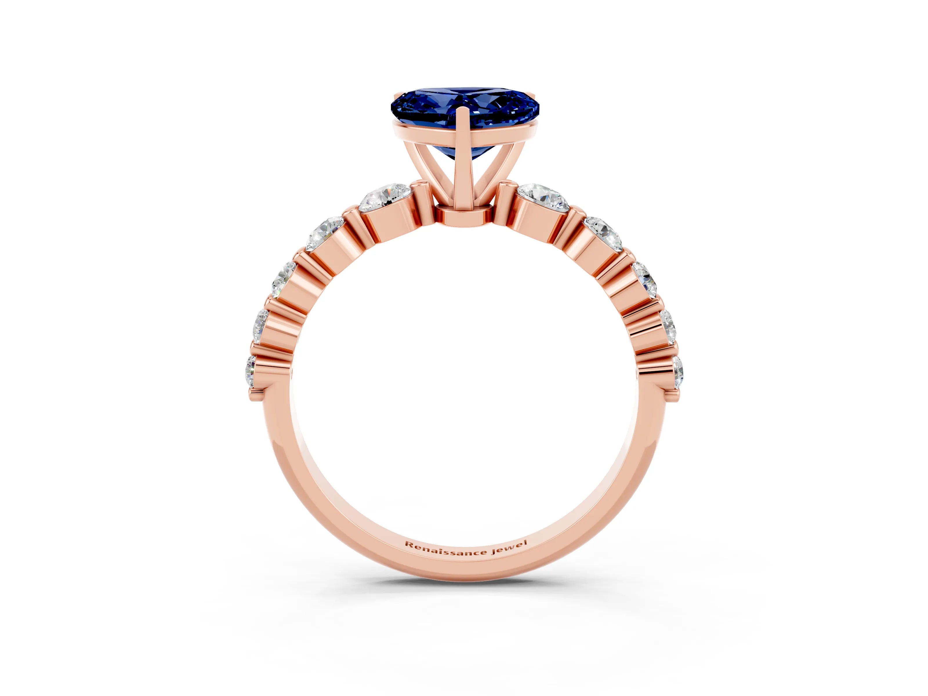 Rose gold Heart Cut Solitaire Blue Sapphire Ring with Pave Band and Four-Prong Setting_3